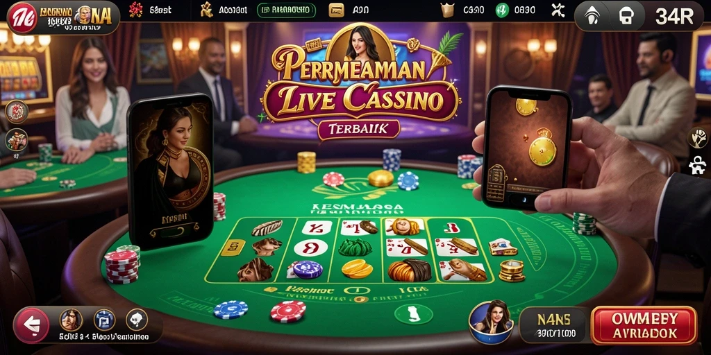 Screenshot gameplay Live Casino yang menunjukkan dealer dan meja permainan.