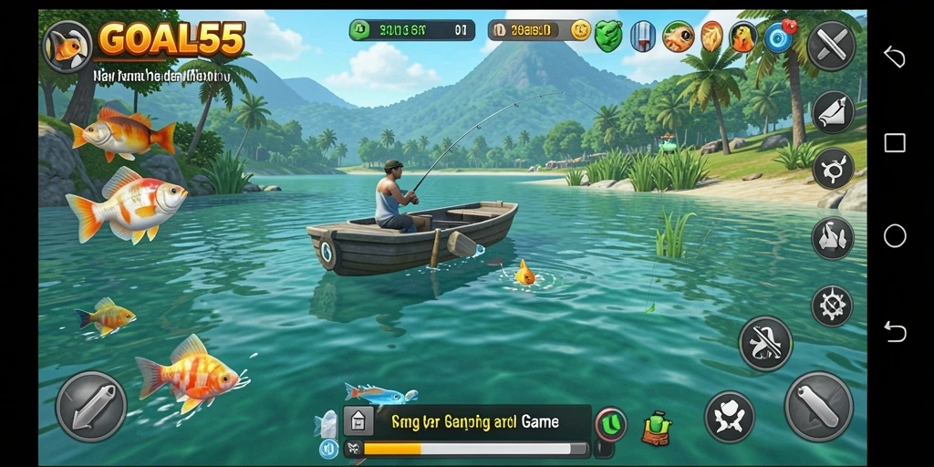 Screenshot GOAL55 menampilkan momen seru memancing di lokasi indah.