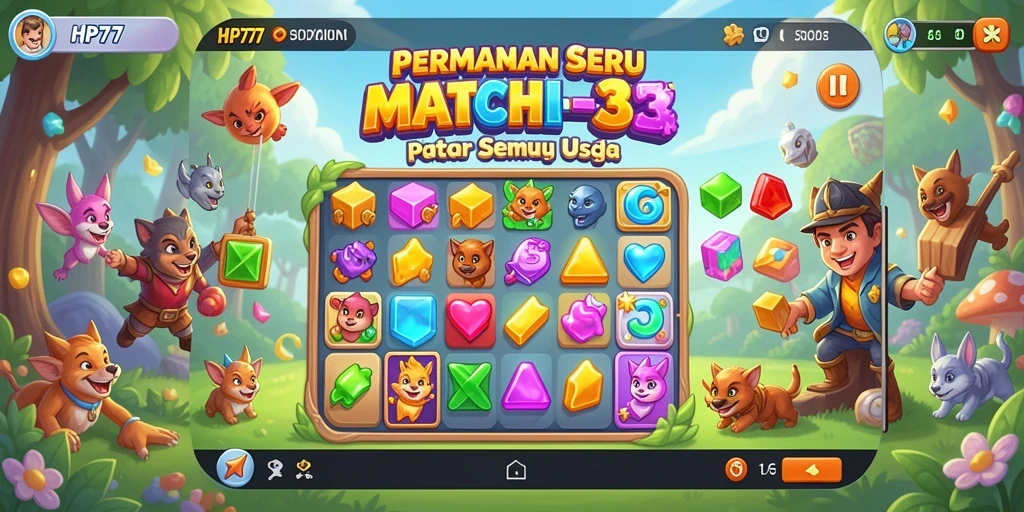 Tangkapan layar gameplay HP777 yang menampilkan keseruan permainan Match-3.