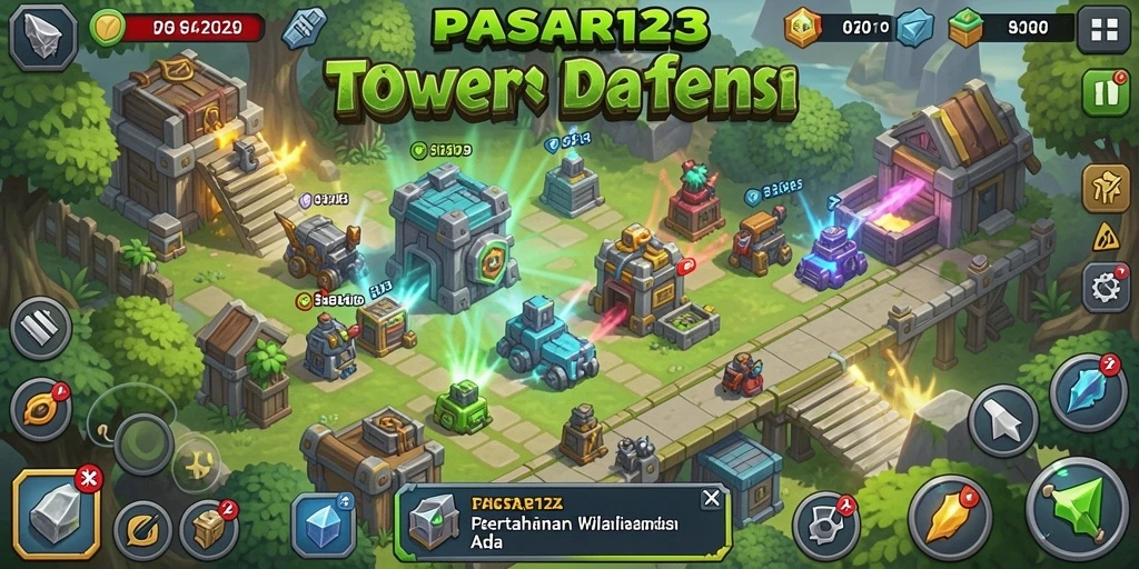 Screenshot gameplay PASAR123 menunjukkan menara yang siap menghadapi gelombang musuh.