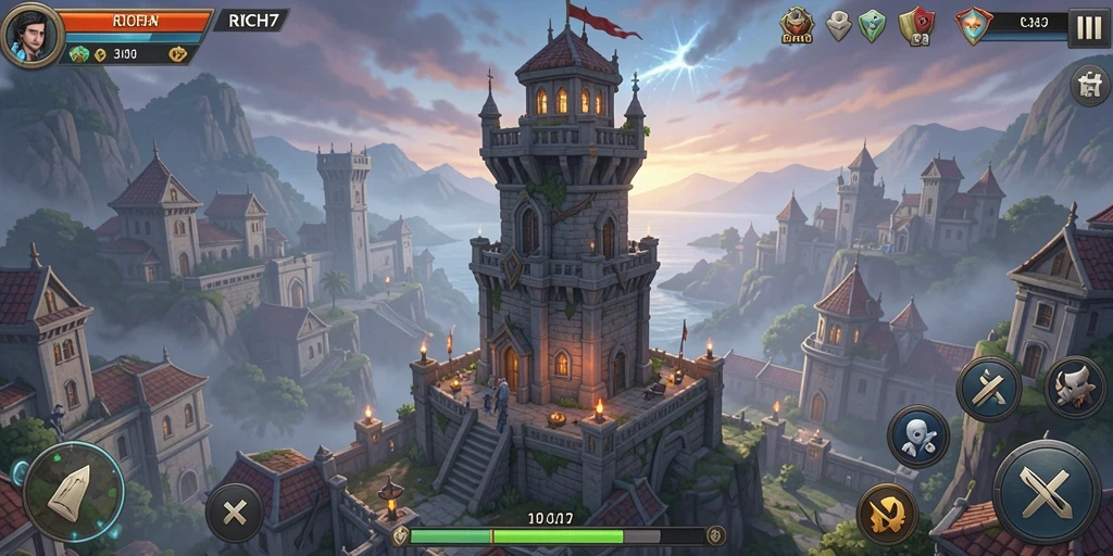 Tampilan gameplay menakjubkan di RICH7, menunjukkan pertahanan menara yang dinamis.
